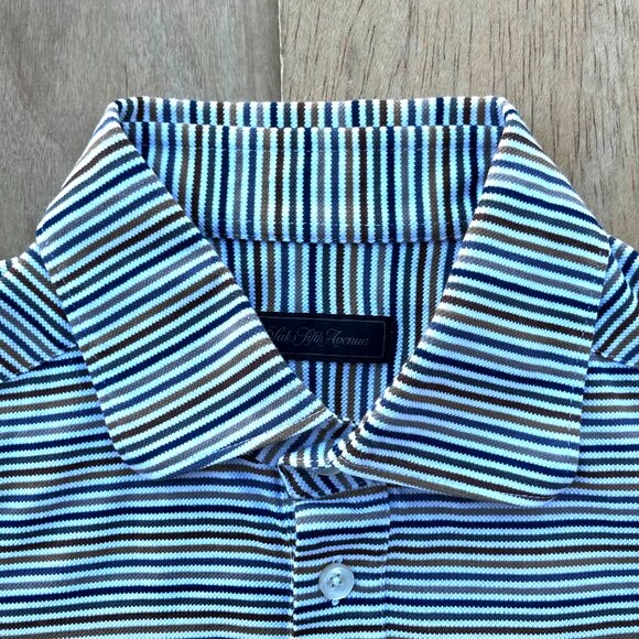 SAKS FIFTH AVENUE STRIPED POLO SHIRT WOMEN’S sz S Blue Brown White Short Sleeve - Picture 2 of 9